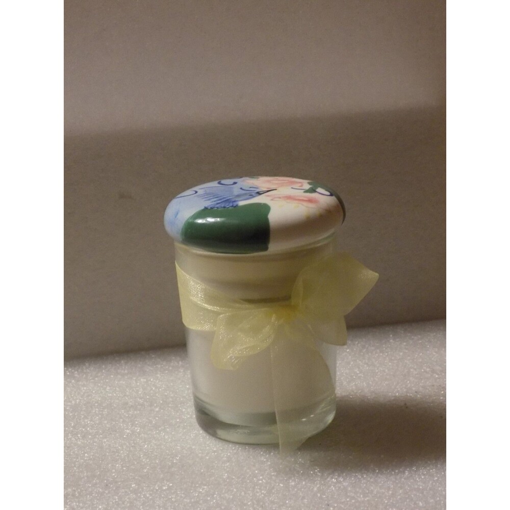 Glass Unscented Candle Ceramic Porcelain Bird & Pink Flowers Painted Top 6.2 Oz